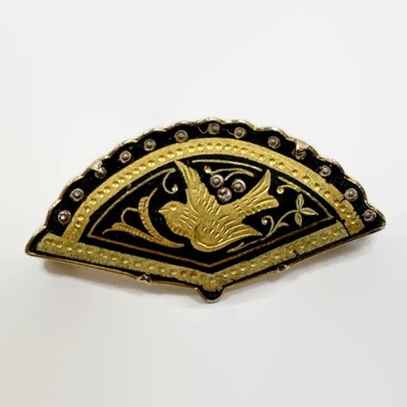 Bird Brooch, Damascence, Gold, Black, Trumpet Clasp, Vintage, Pin, Figural - Picture 2 of 3